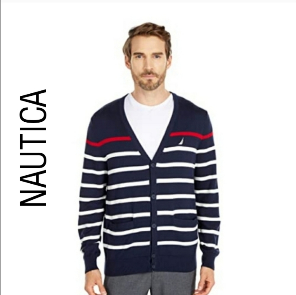 NÁUTICA Men Striped V-neck Button Cardigan Sweater